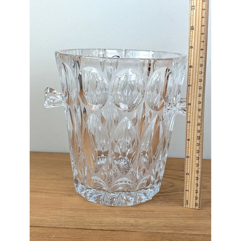 Vintage Heavy Lead Crystal Ice Bucket Diamond Thumbprint Cut Glass 9